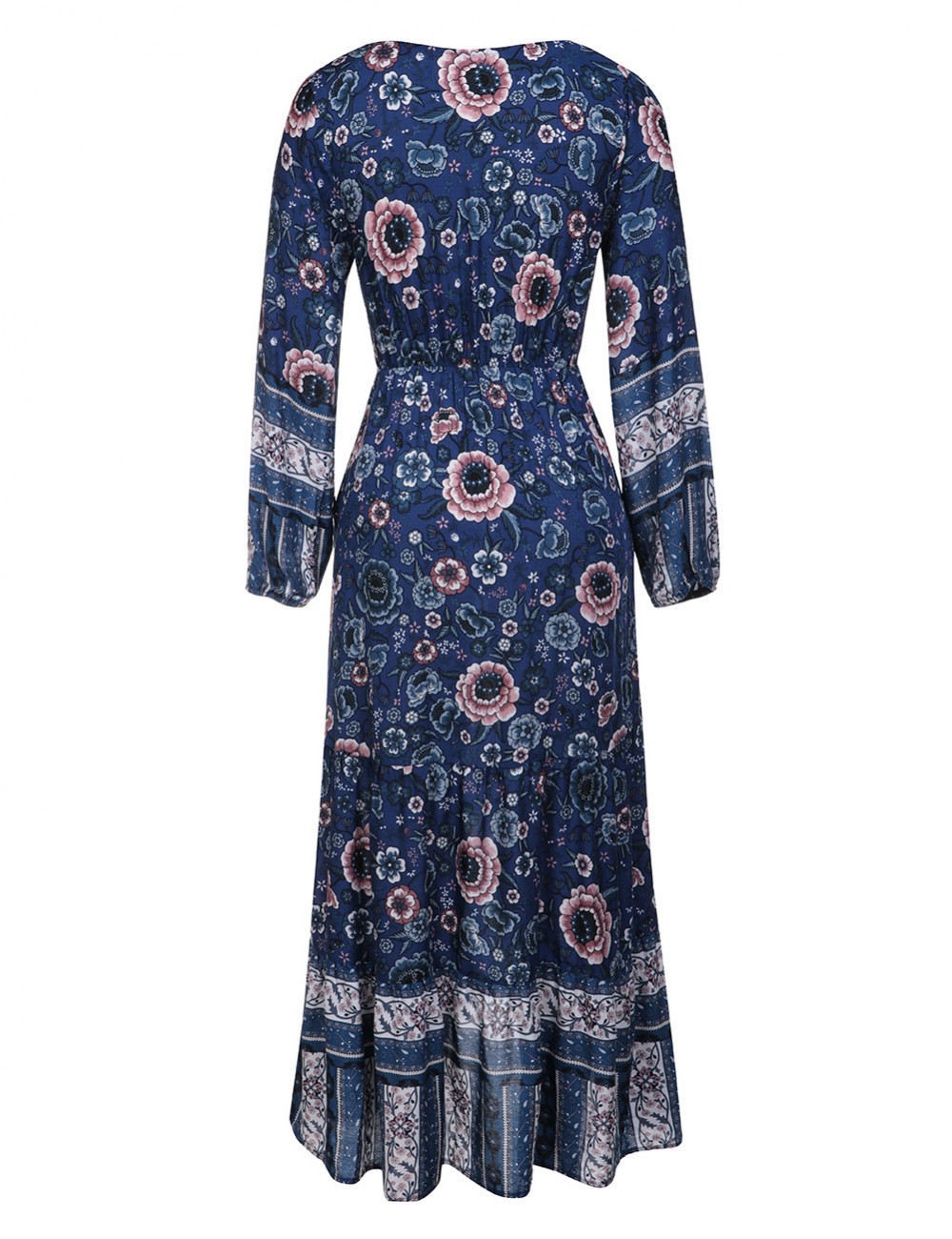 Blue Lantern Sleeve Floral Maxi Dress Decor Buttons For Women