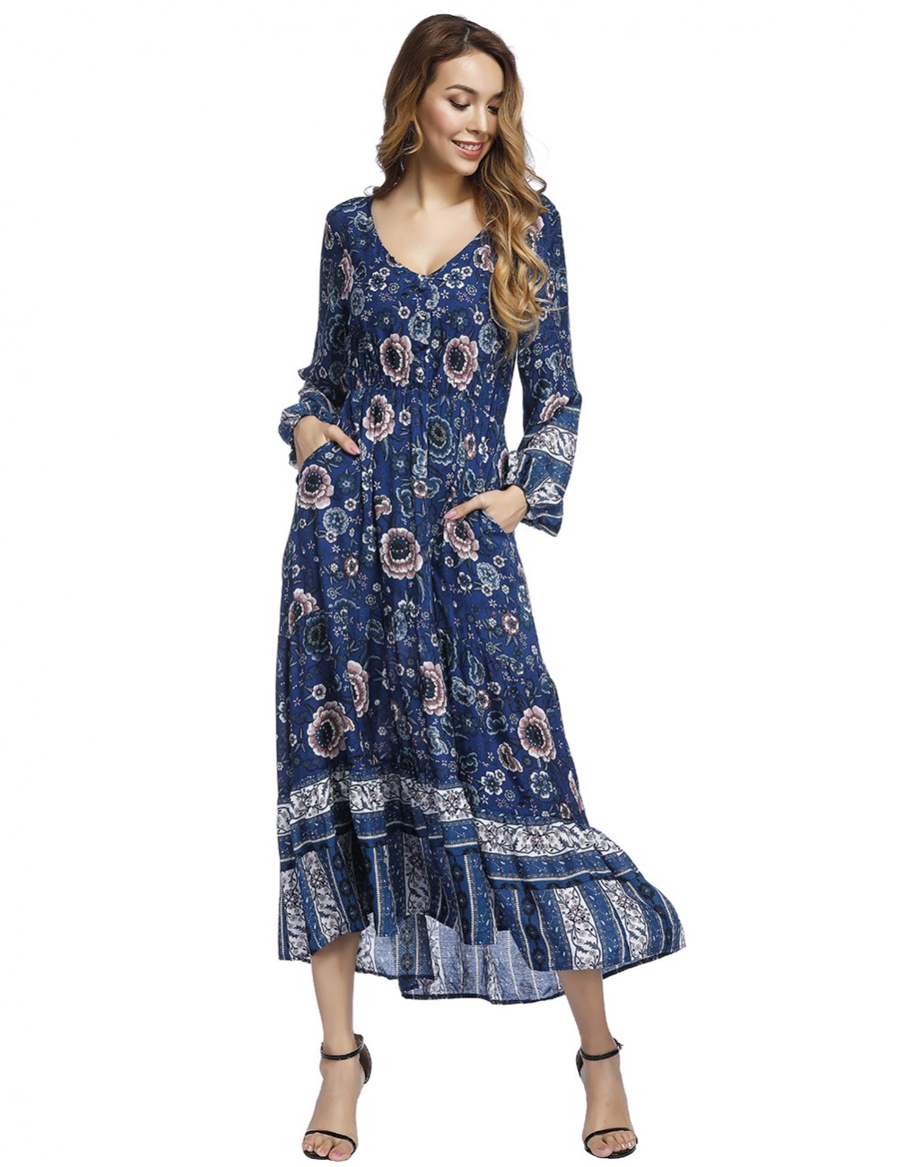 Blue Lantern Sleeve Floral Maxi Dress Decor Buttons For Women