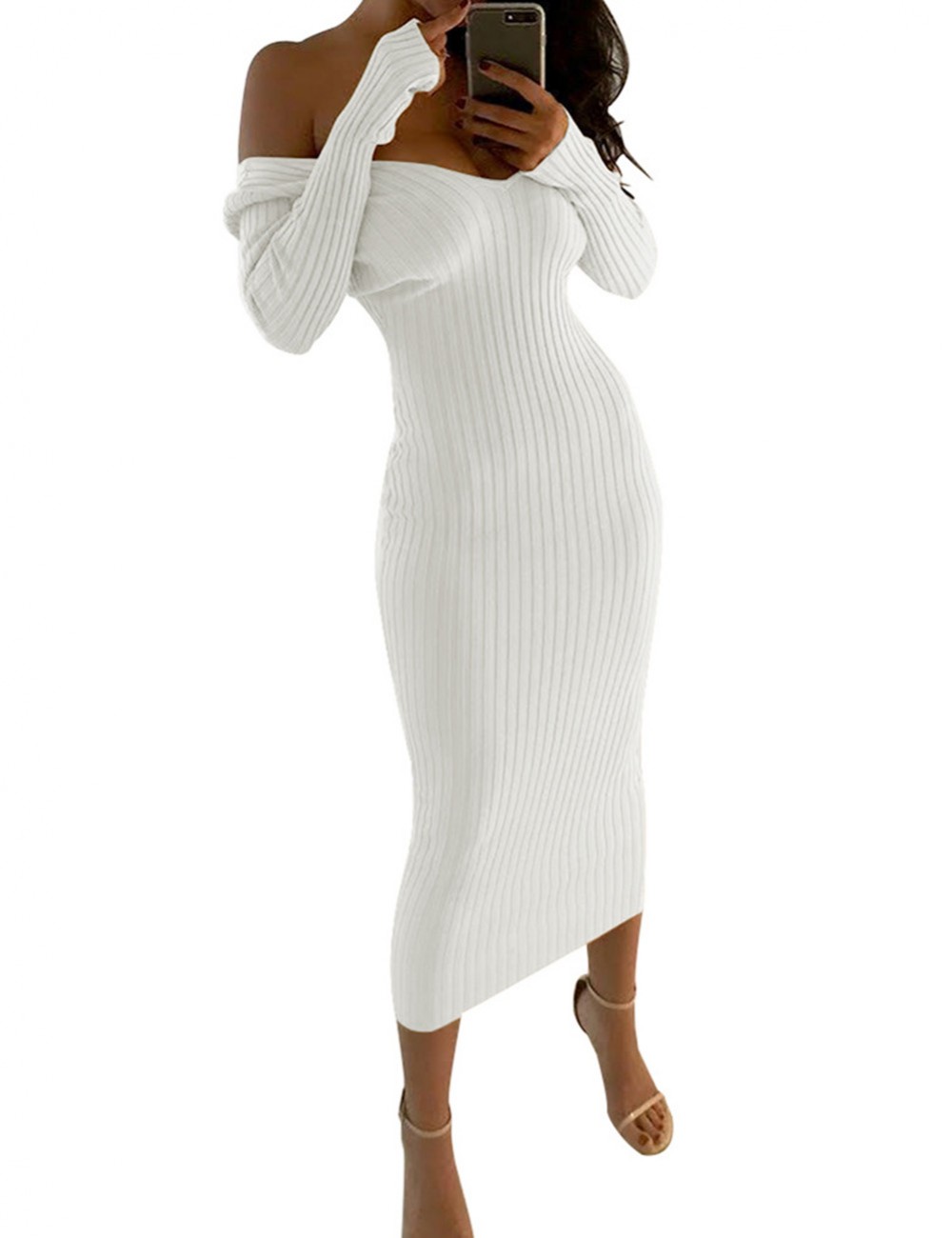 Striking White Off Shoulder Midi Bodycon Sweater Dress Ladies Elegance