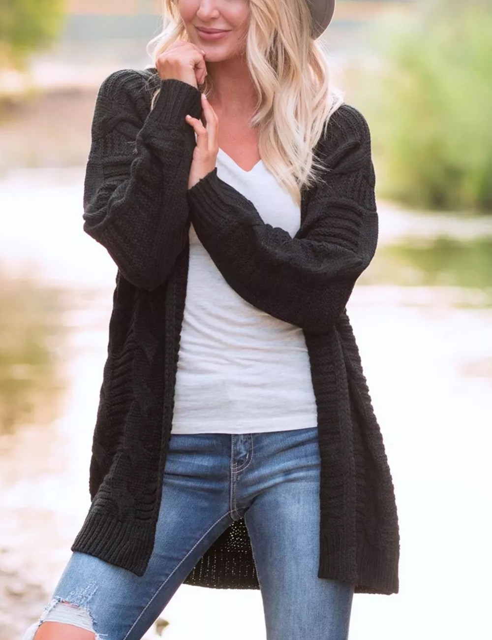 Black Knitting Large Size Cardigans Full Sleeves Weekend Time