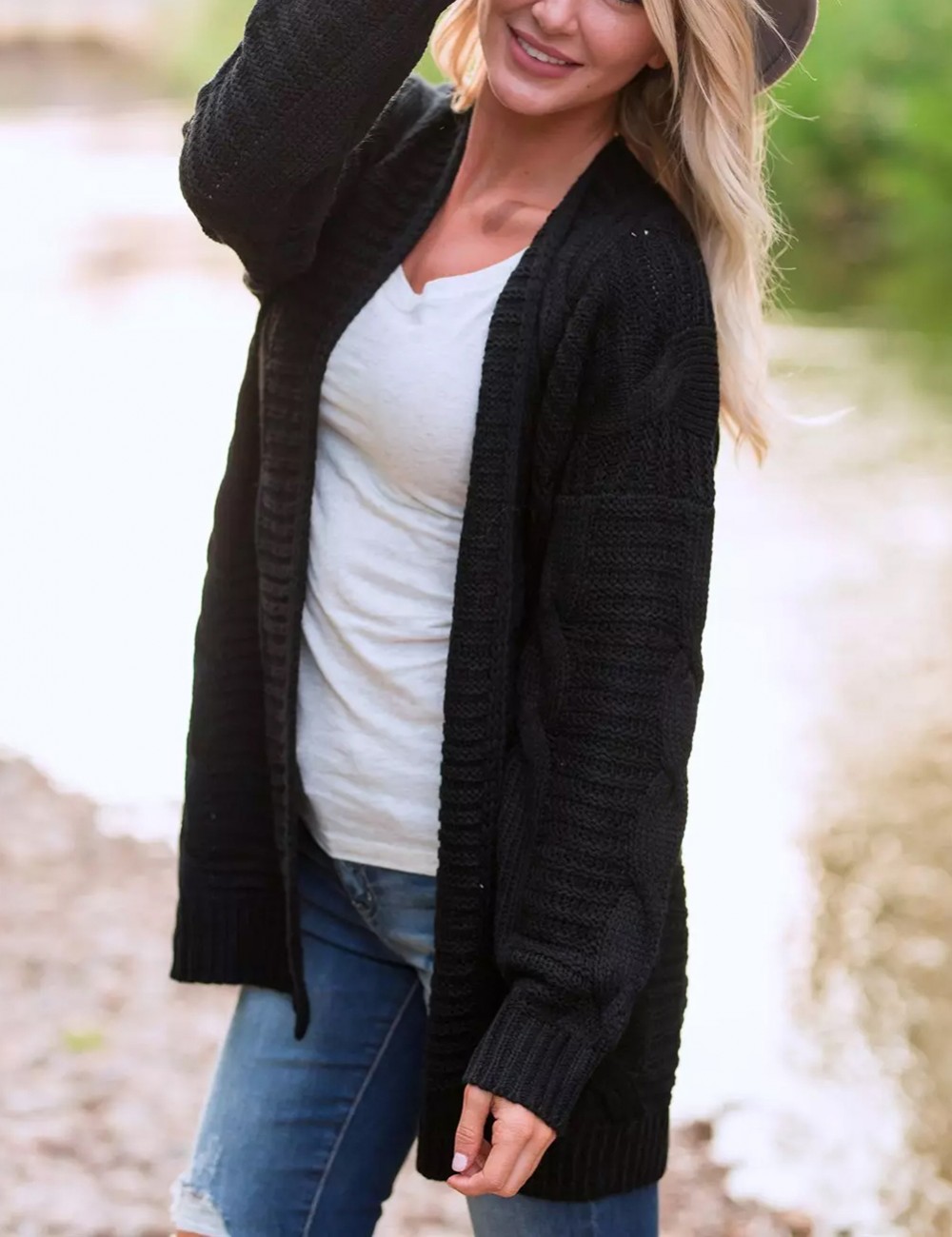 Black Knitting Large Size Cardigans Full Sleeves Weekend Time