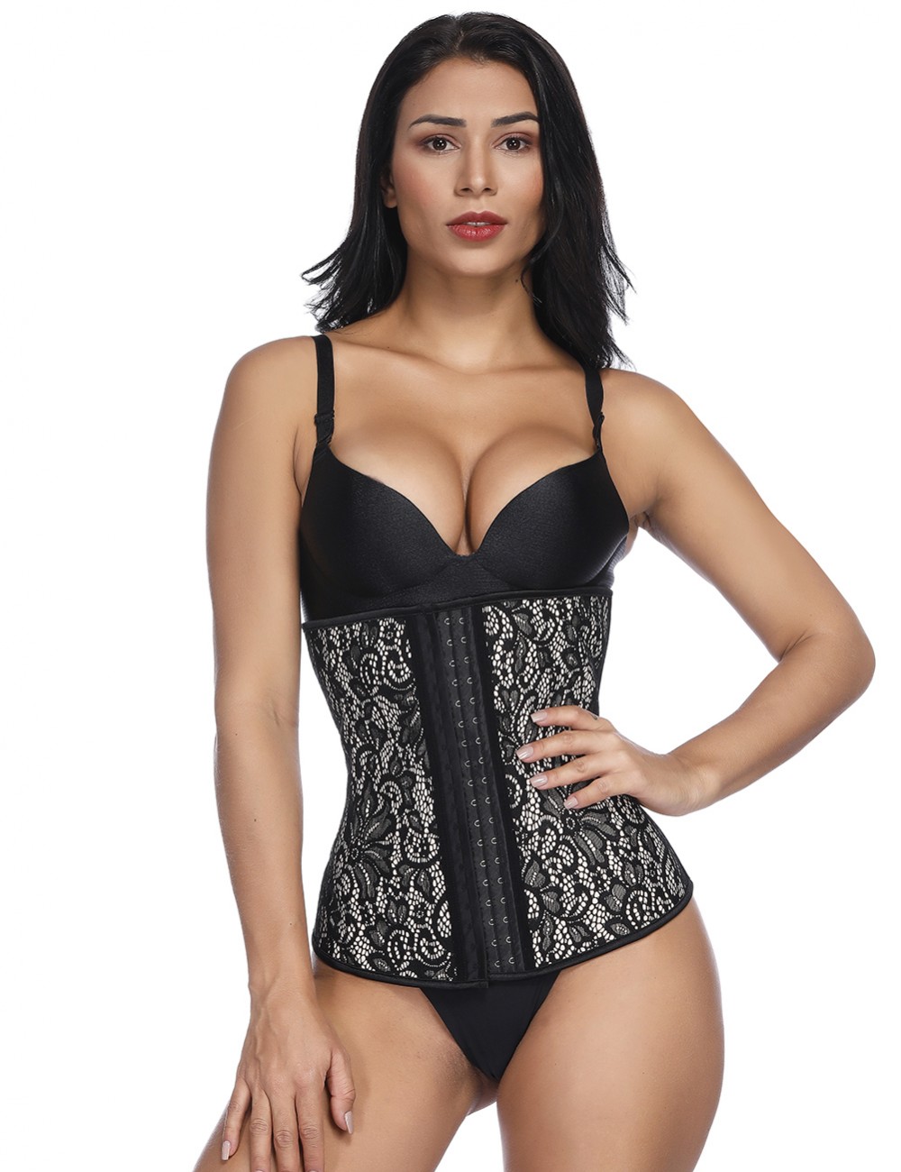 Abdominal Control Black 4 Steel Boned Latex Lace Waist Cincher Large Size