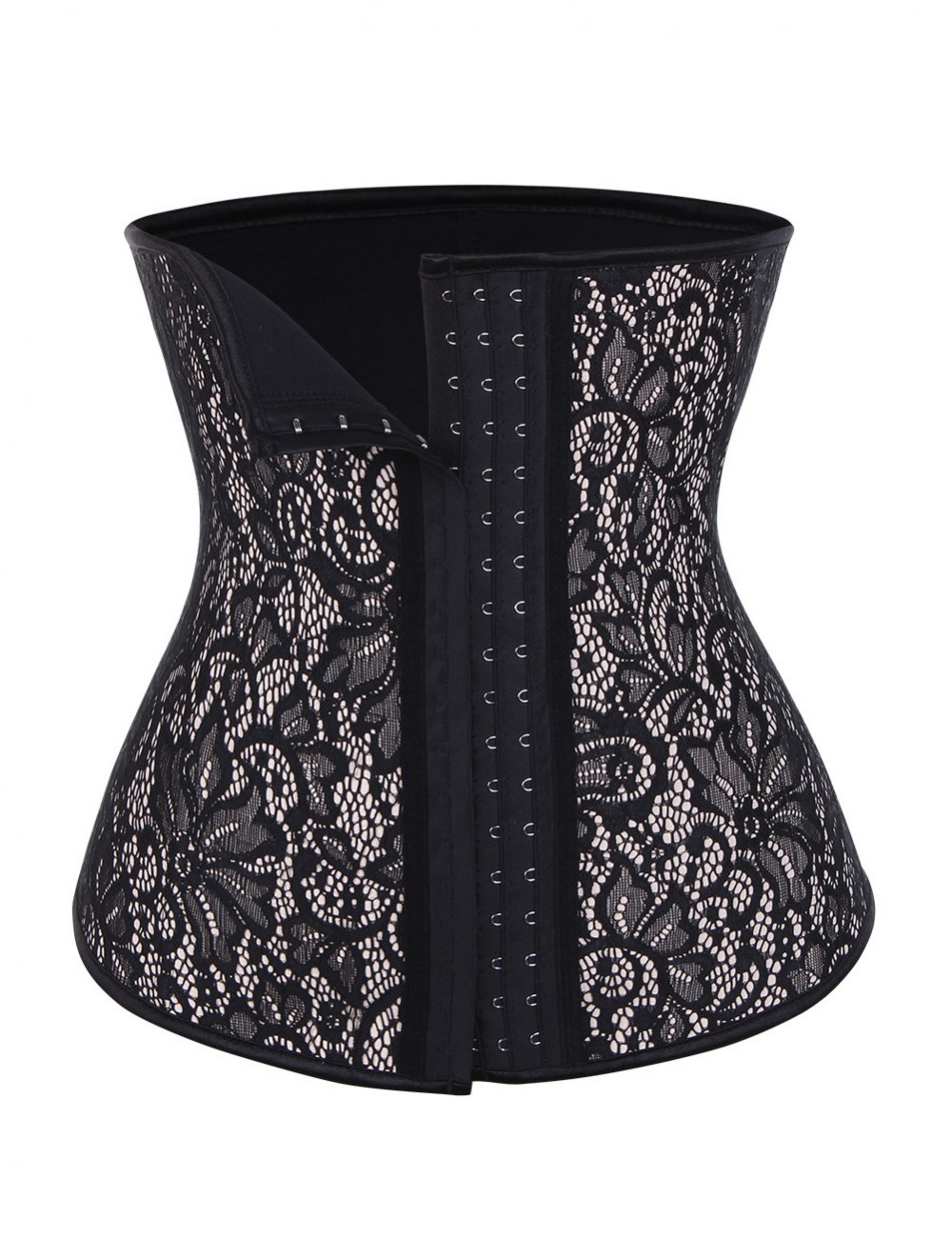Abdominal Control Black 4 Steel Boned Latex Lace Waist Cincher Large Size