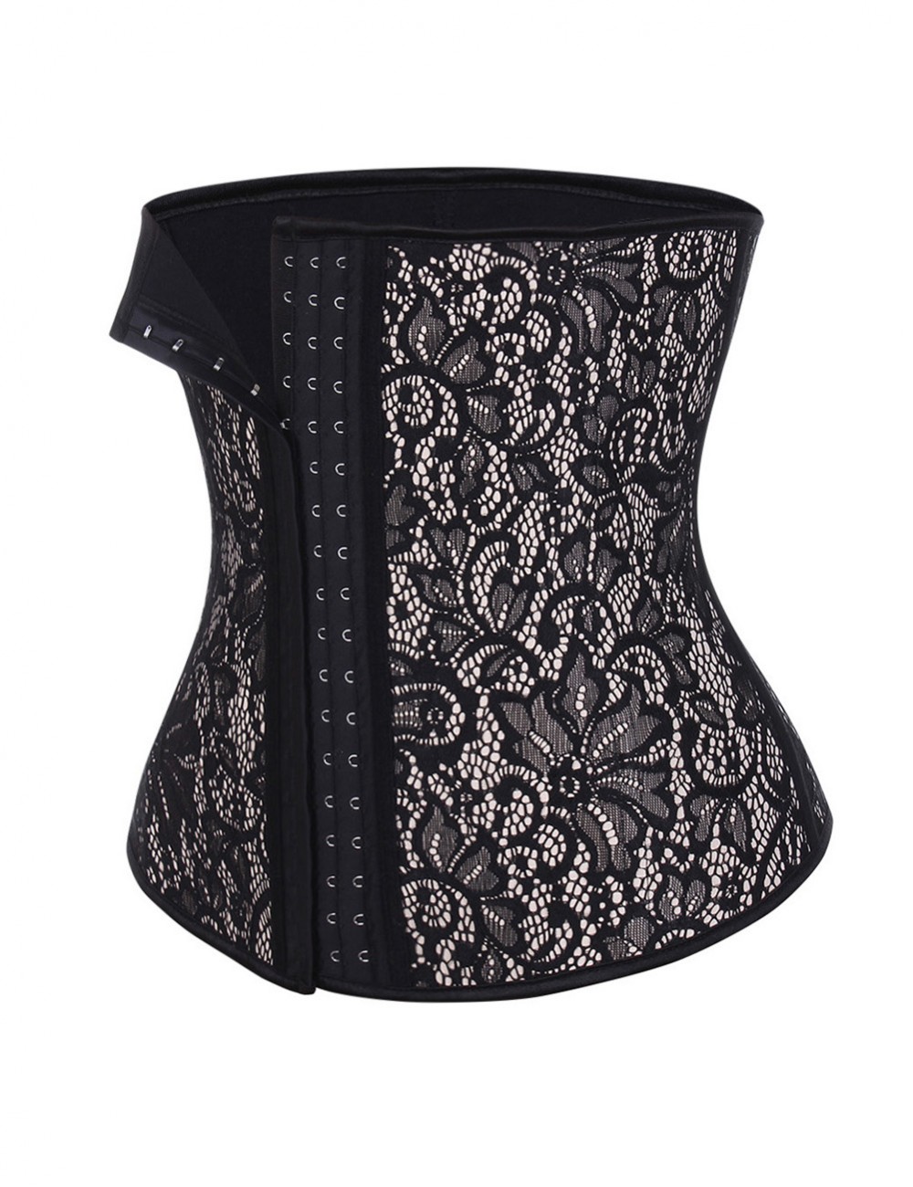 Abdominal Control Black 4 Steel Boned Latex Lace Waist Cincher Large Size