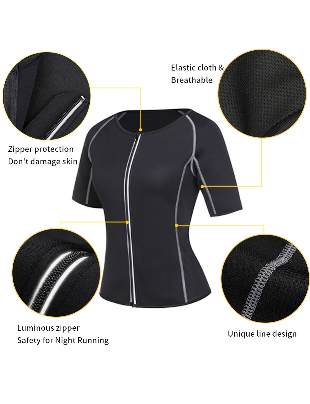 Contouring Sensation Black Short Sleeve Big Size Neoprene Luminous Zip Shaper