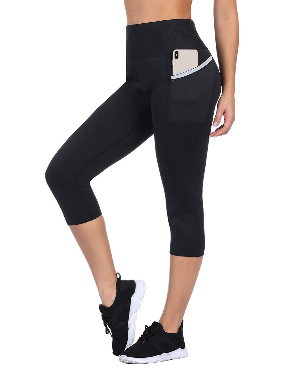 Black Big Size Reflective Neoprene Shapewear Capri Leggings High Waist For Running