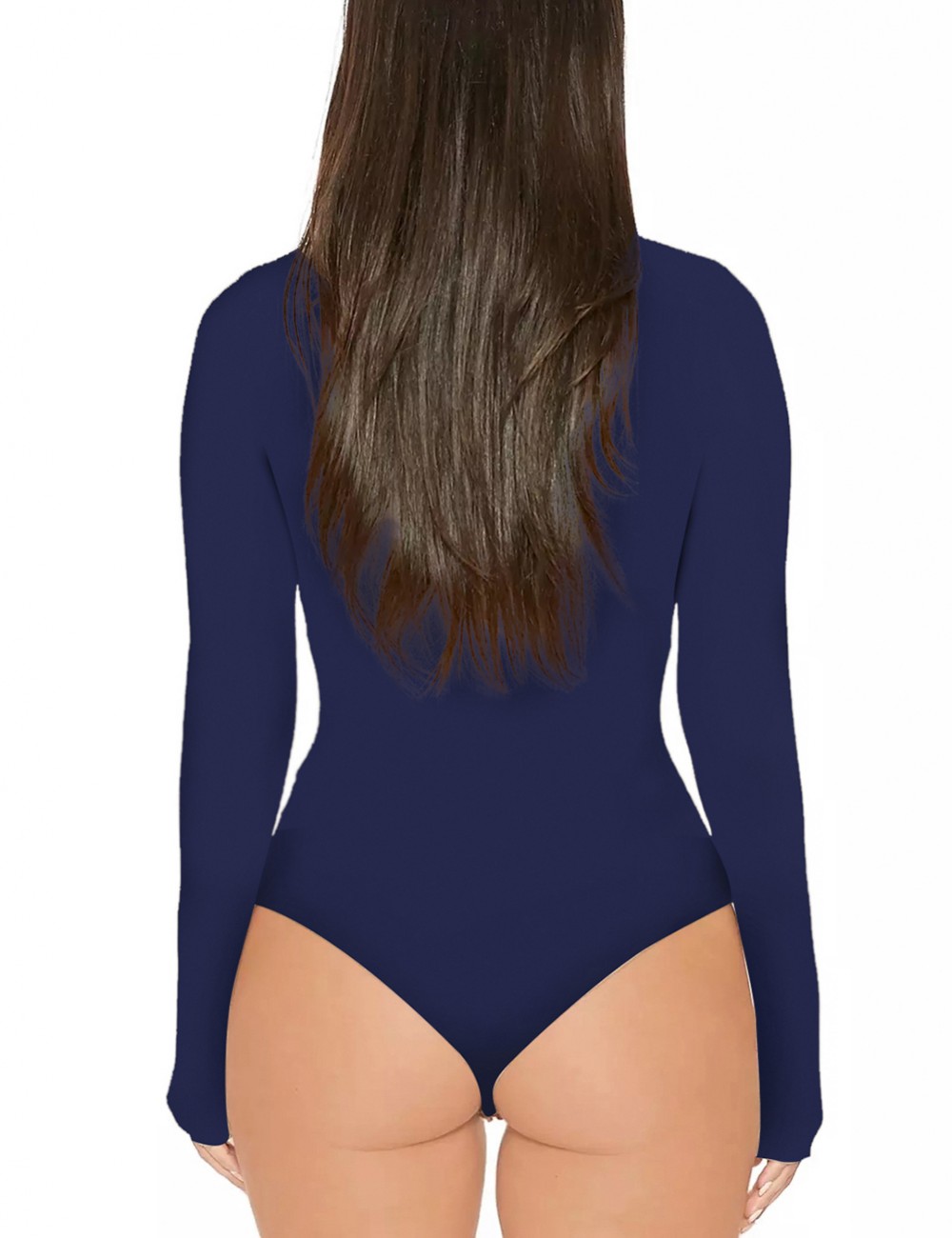 Slimming Dark Blue Solid Color High Cut Bodysuit High Neck Form Fitting
