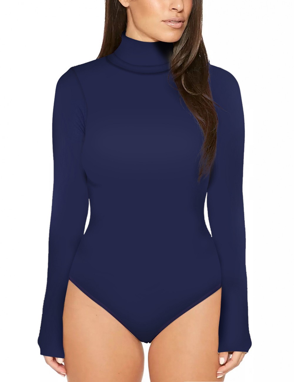 Slimming Dark Blue Solid Color High Cut Bodysuit High Neck Form Fitting