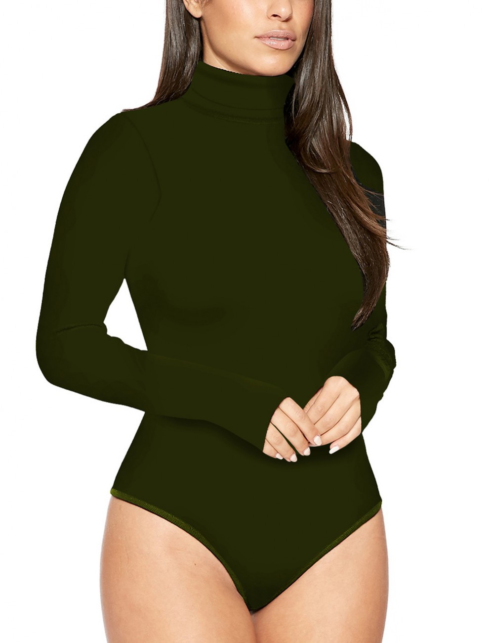 Fabulously Army Green Bodysuit Long Sleeved Solid Color Button All-Match Style