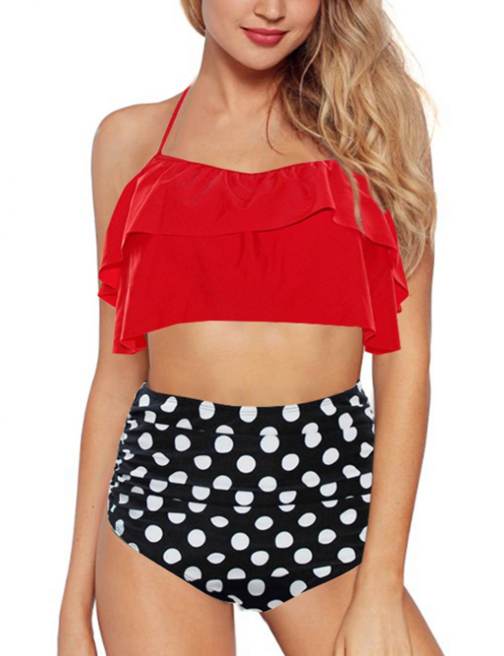 Elegance Red 2 Pieces High Rise Swimwear Flounce Women's Apparel