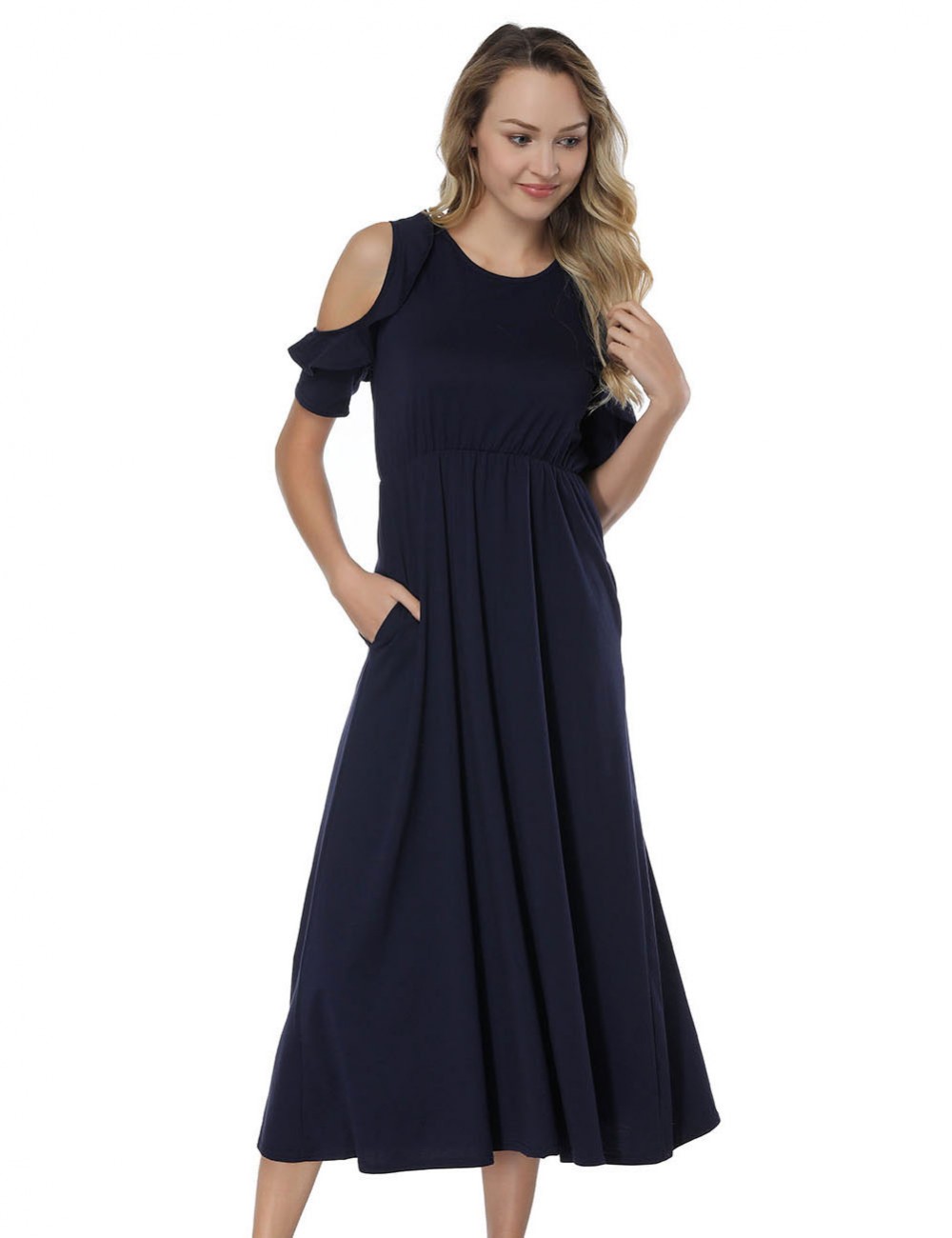 Elegant Cold Shoulder Midi Navy Blue Dresses Flounce