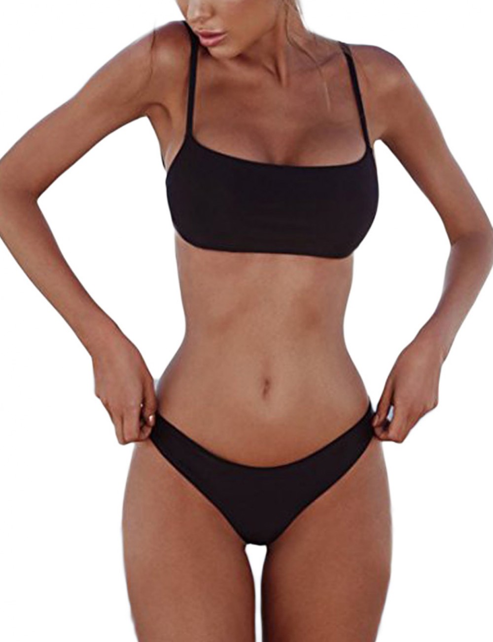 Black Open Back Bikini Set Hook Eye Closure Leaky Hip For Beach Days