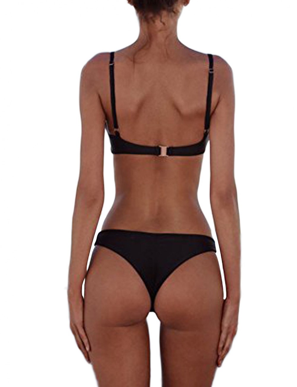 Black Open Back Bikini Set Hook Eye Closure Leaky Hip For Beach Days