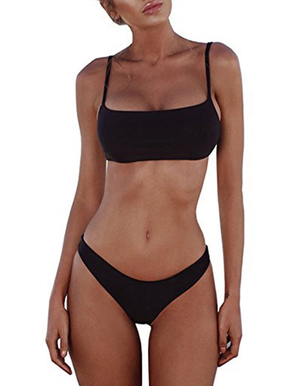 Black Open Back Bikini Set Hook Eye Closure Leaky Hip For Beach Days