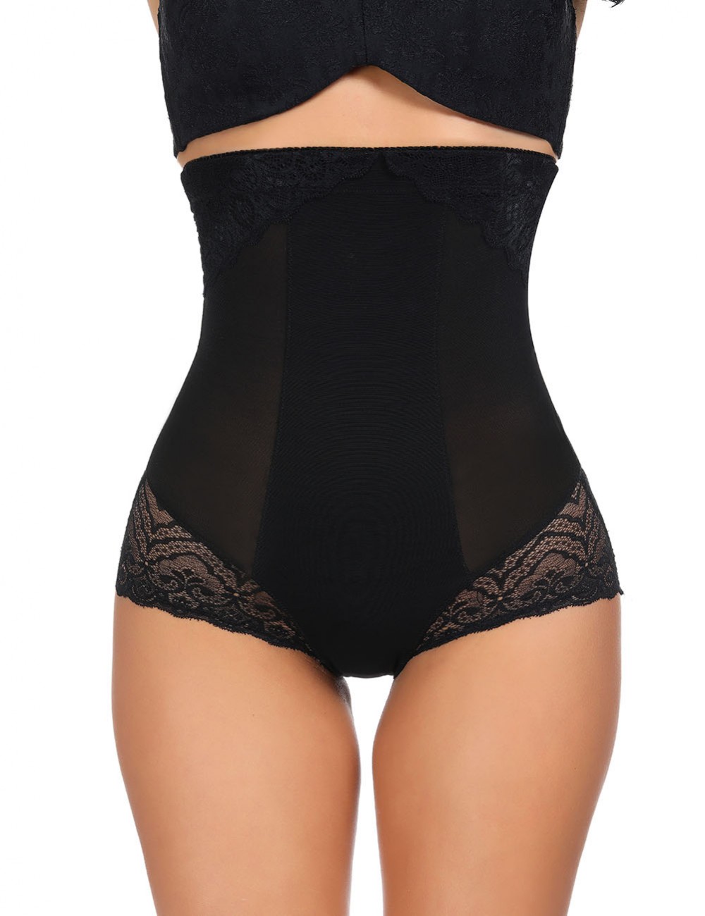 Black High Rise Plus Size Panty Girdle Lace Hem Hourglass Figure