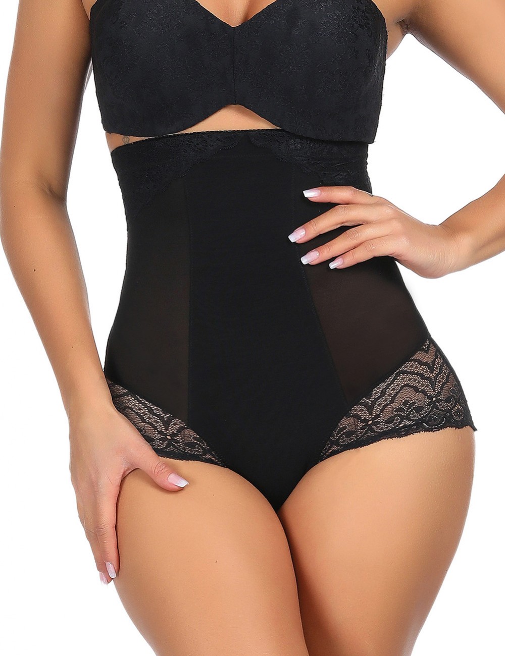 Black High Rise Plus Size Panty Girdle Lace Hem Hourglass Figure