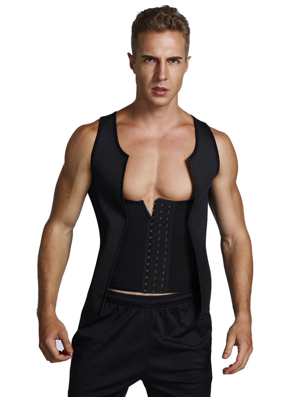 Natural Shaping Black Neoprene Mens Big Size Slimming Vest 3 Rows Hooks Curve Creator