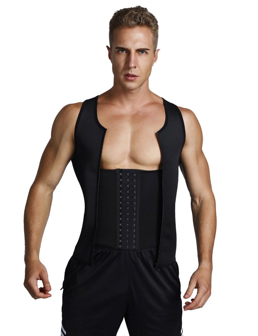 Natural Shaping Black Neoprene Mens Big Size Slimming Vest 3 Rows Hooks Curve Creator