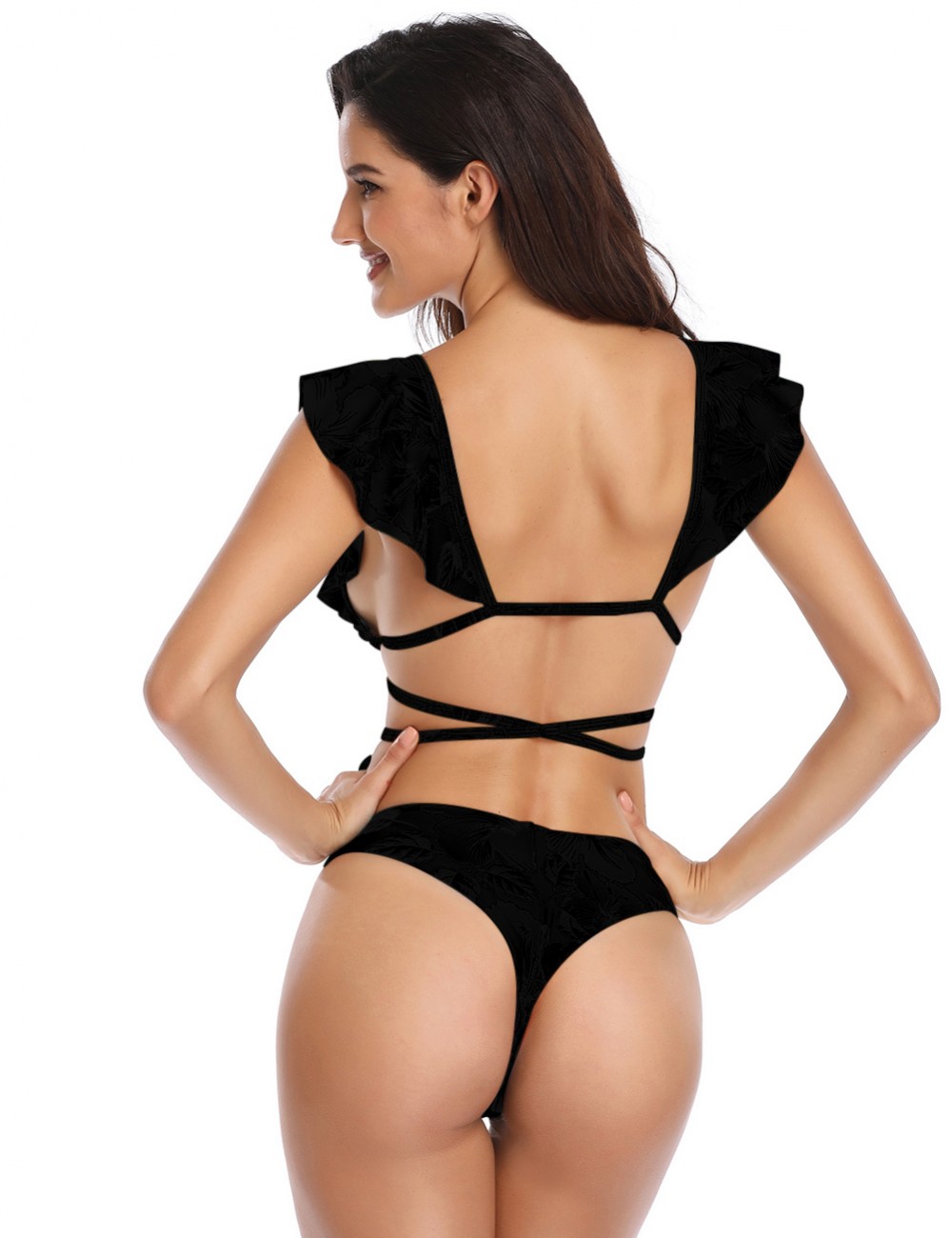 Svelte Style Black Backless Strappy Bikini High Cut Pure Color Form Fit