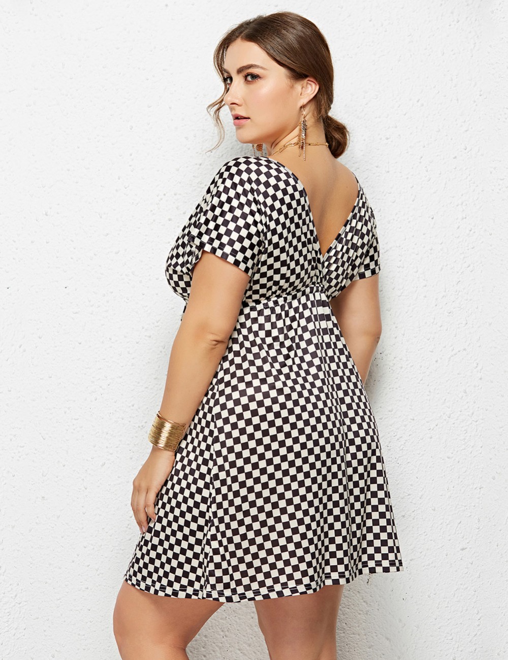 Graceful Big Size V Neck Mini Dress Grid Pattern Fashion Online