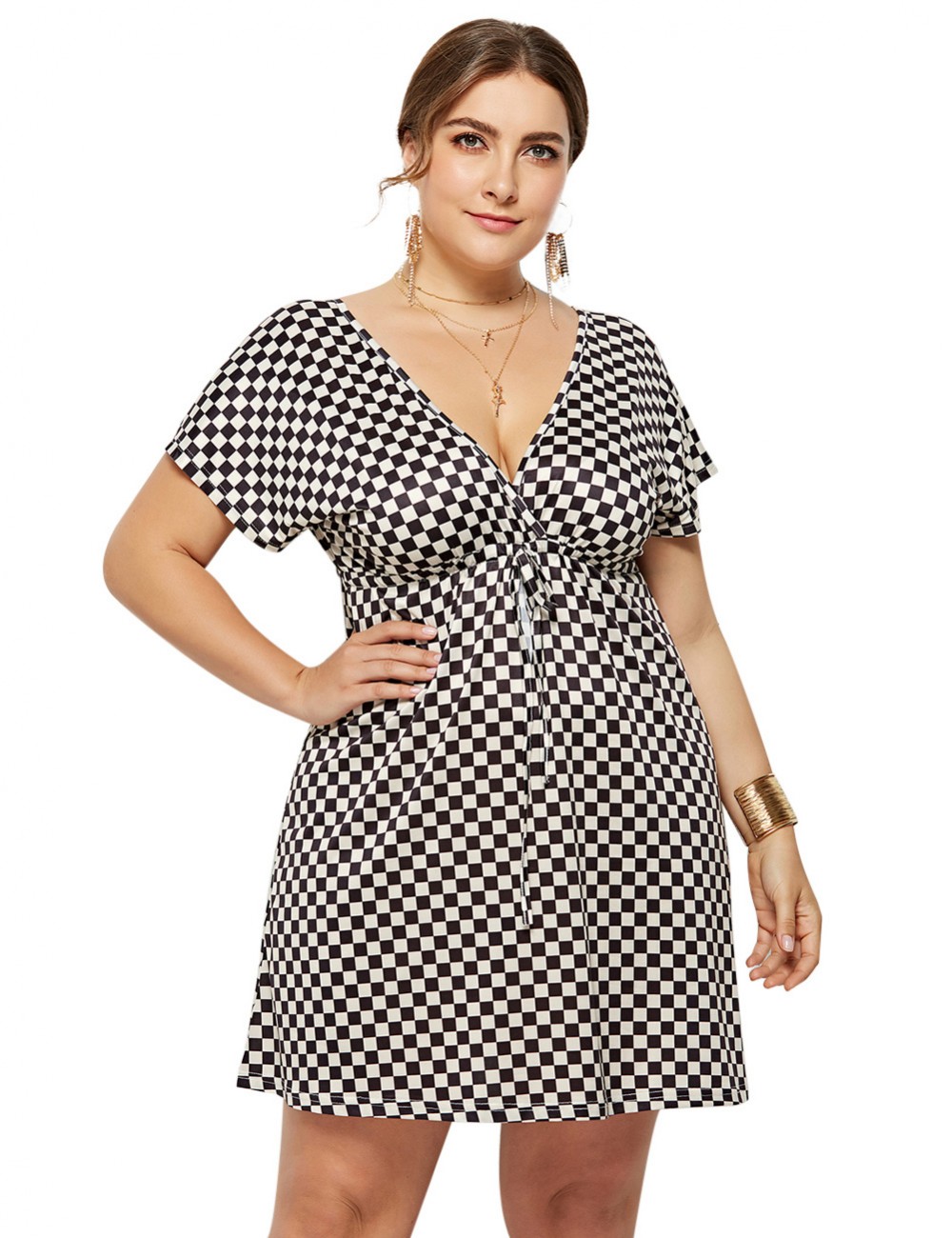 Graceful Big Size V Neck Mini Dress Grid Pattern Fashion Online