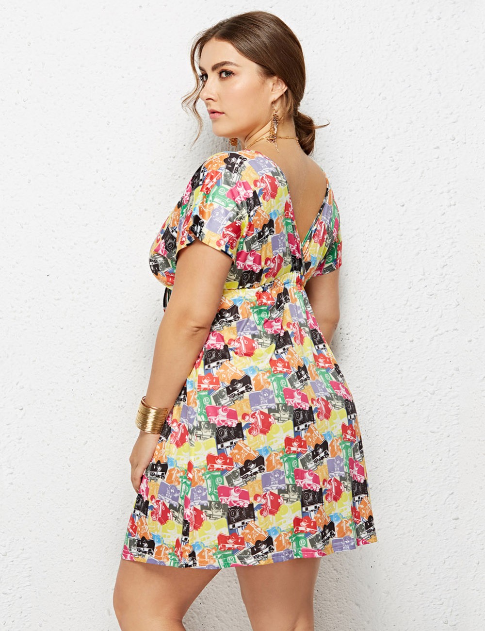 Colorful V-Neckline Mini Printed Dress Queen Size For Stunner