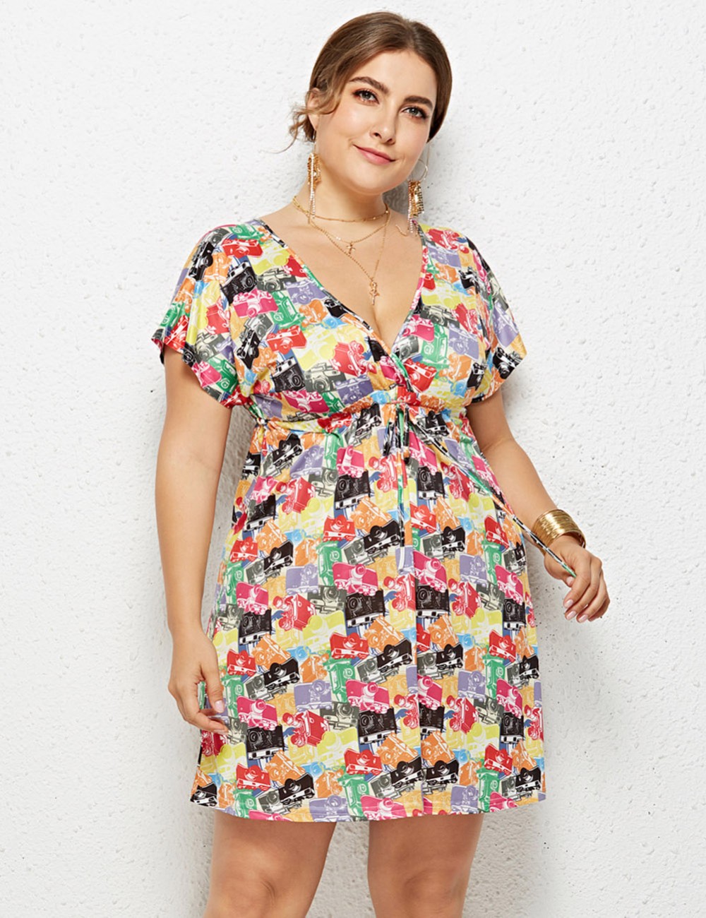 Colorful V-Neckline Mini Printed Dress Queen Size For Stunner