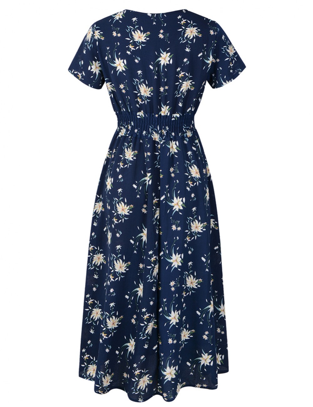 Curve Smoothing Navy Blue Bohemian V-Neck Midi Dress High Waist