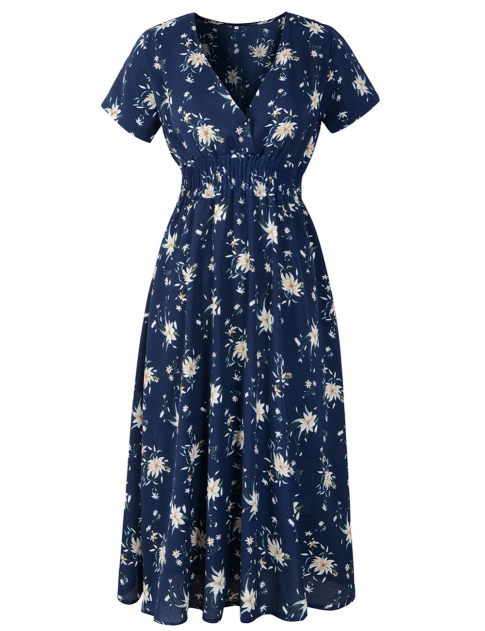 Curve Smoothing Navy Blue Bohemian V-Neck Midi Dress High Waist