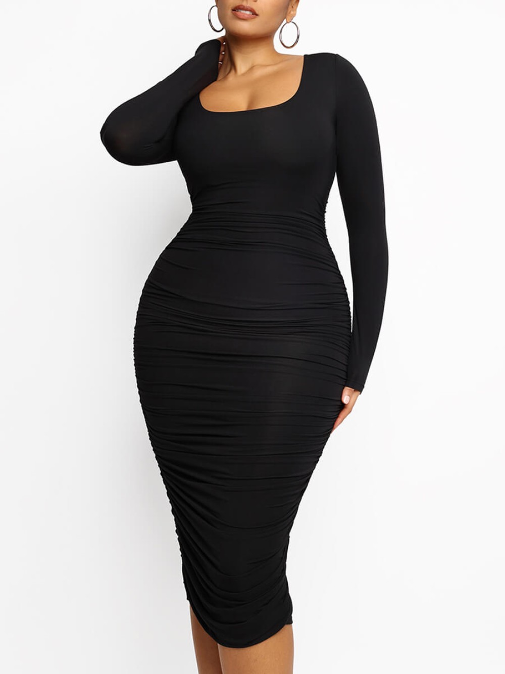 Long-Sleeve Square Neck Pleated Over-the-Knee Shapewear