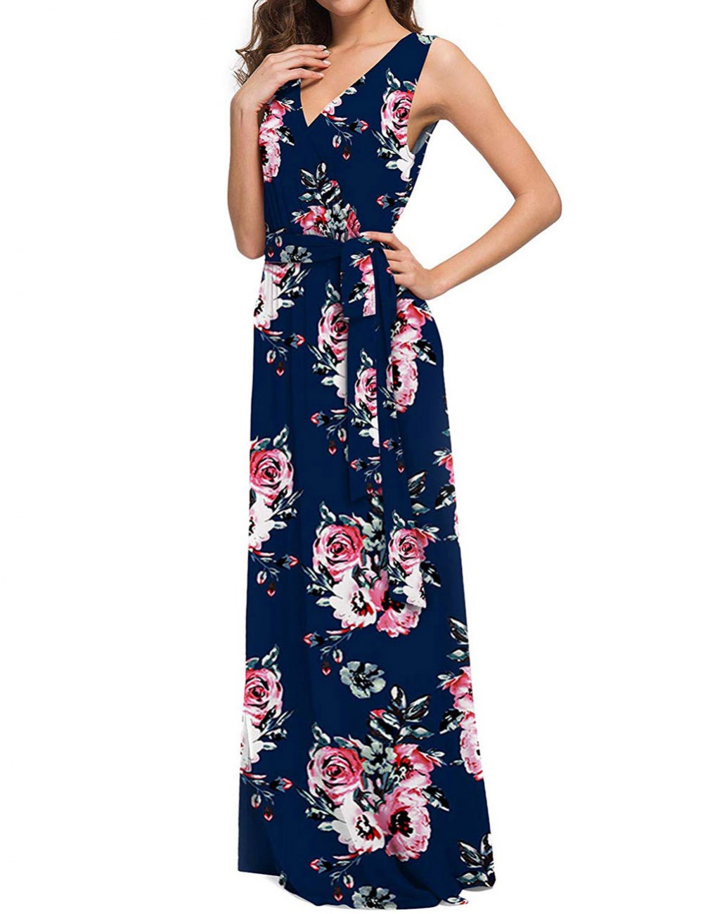 Dreamy Flower V Neck Tie Big Size Maxi Dress Cheap Fashion
