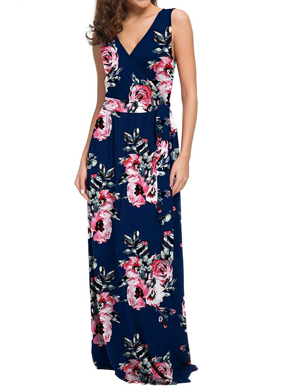 Dreamy Flower V Neck Tie Big Size Maxi Dress Cheap Fashion