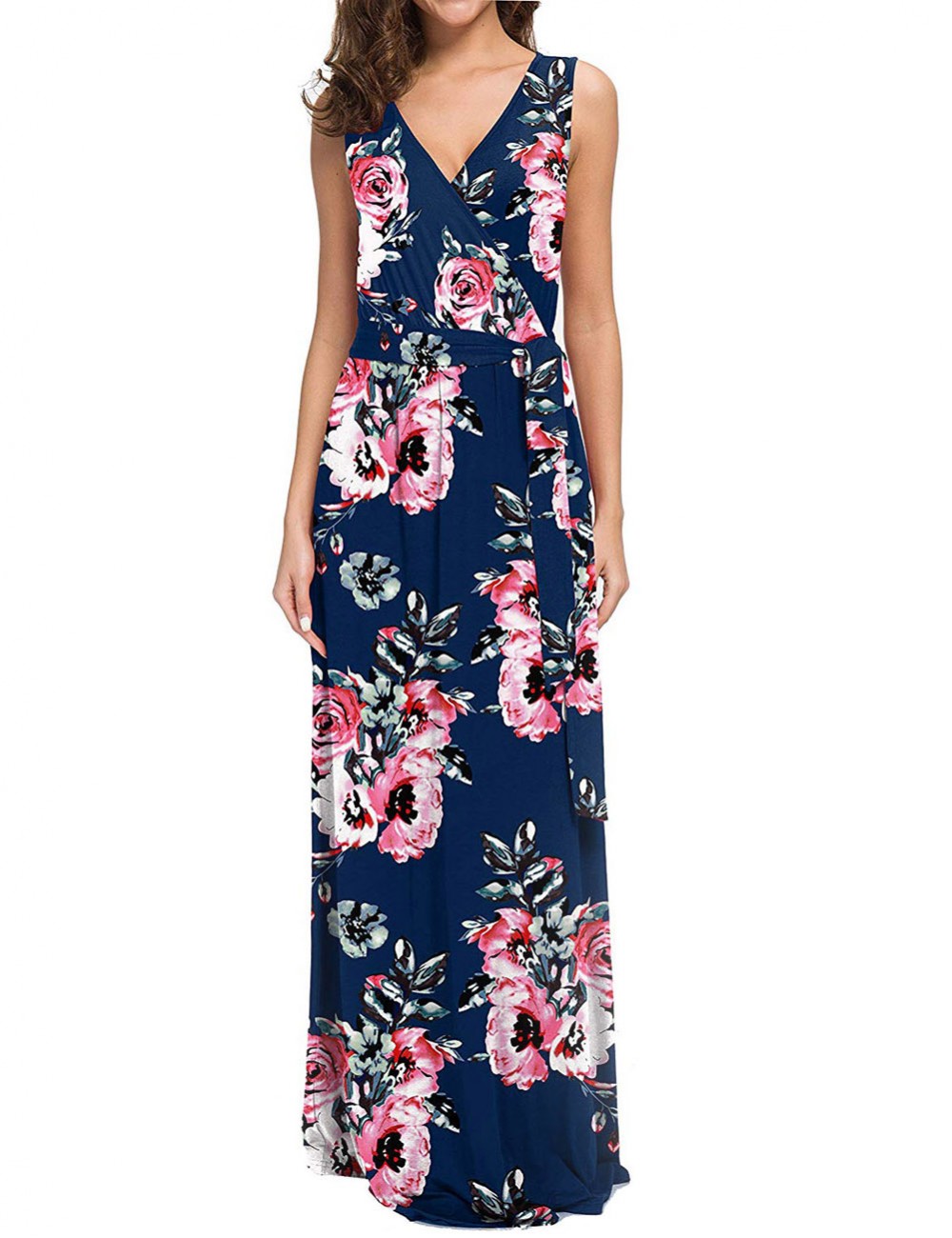 Dreamy Flower V Neck Tie Big Size Maxi Dress Cheap Fashion