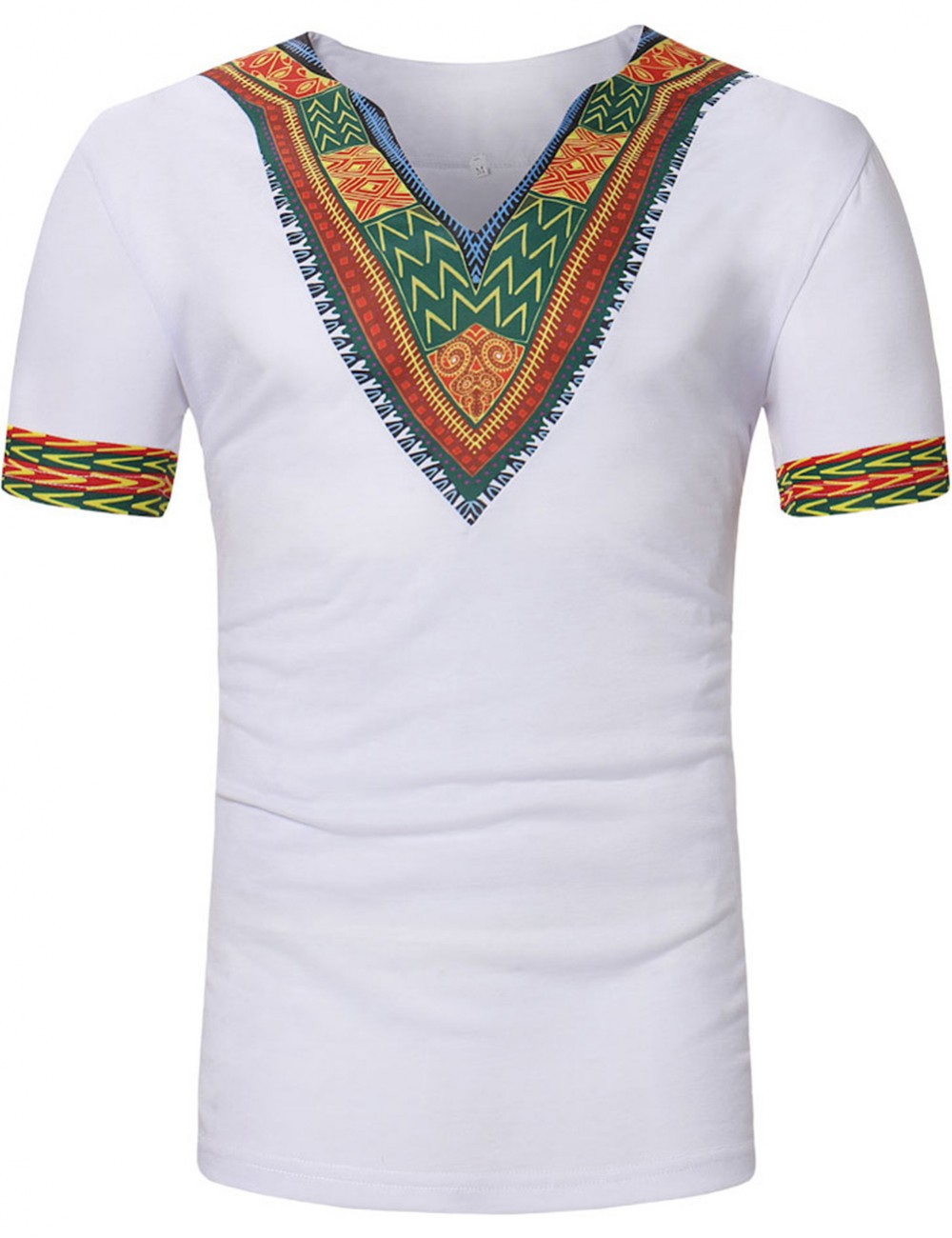 Mystic White Tribal Print Short Sleeve Male T-Shirt V Neck Newest Fashion