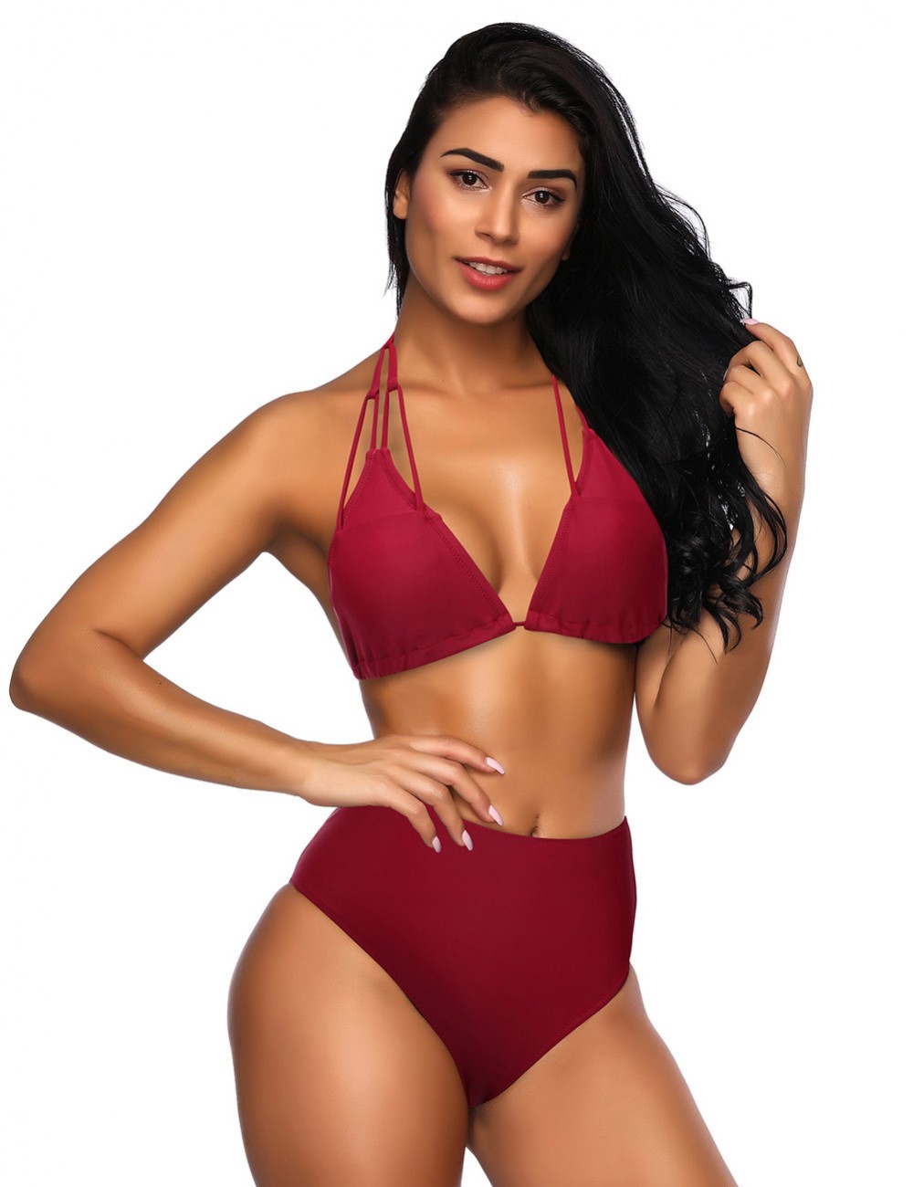Passionate Wine Red V Neck Open Back High Cut Bikini Knot Ultra Cheap