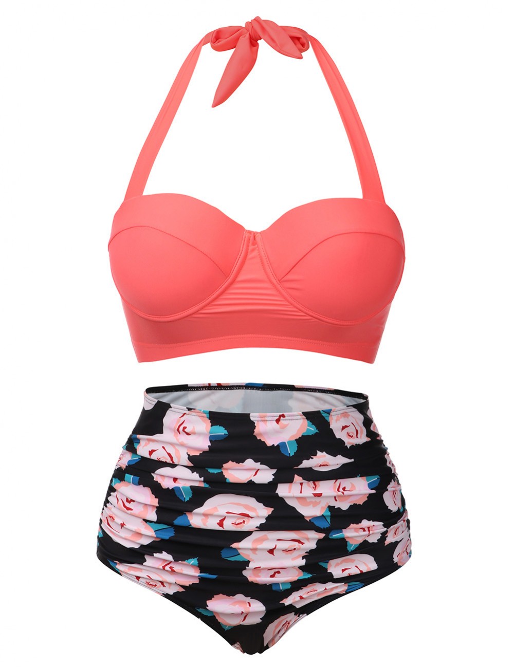Poolside Orange Halter Backless Big Size Two Pieces Swimsuit Womens Swimwear