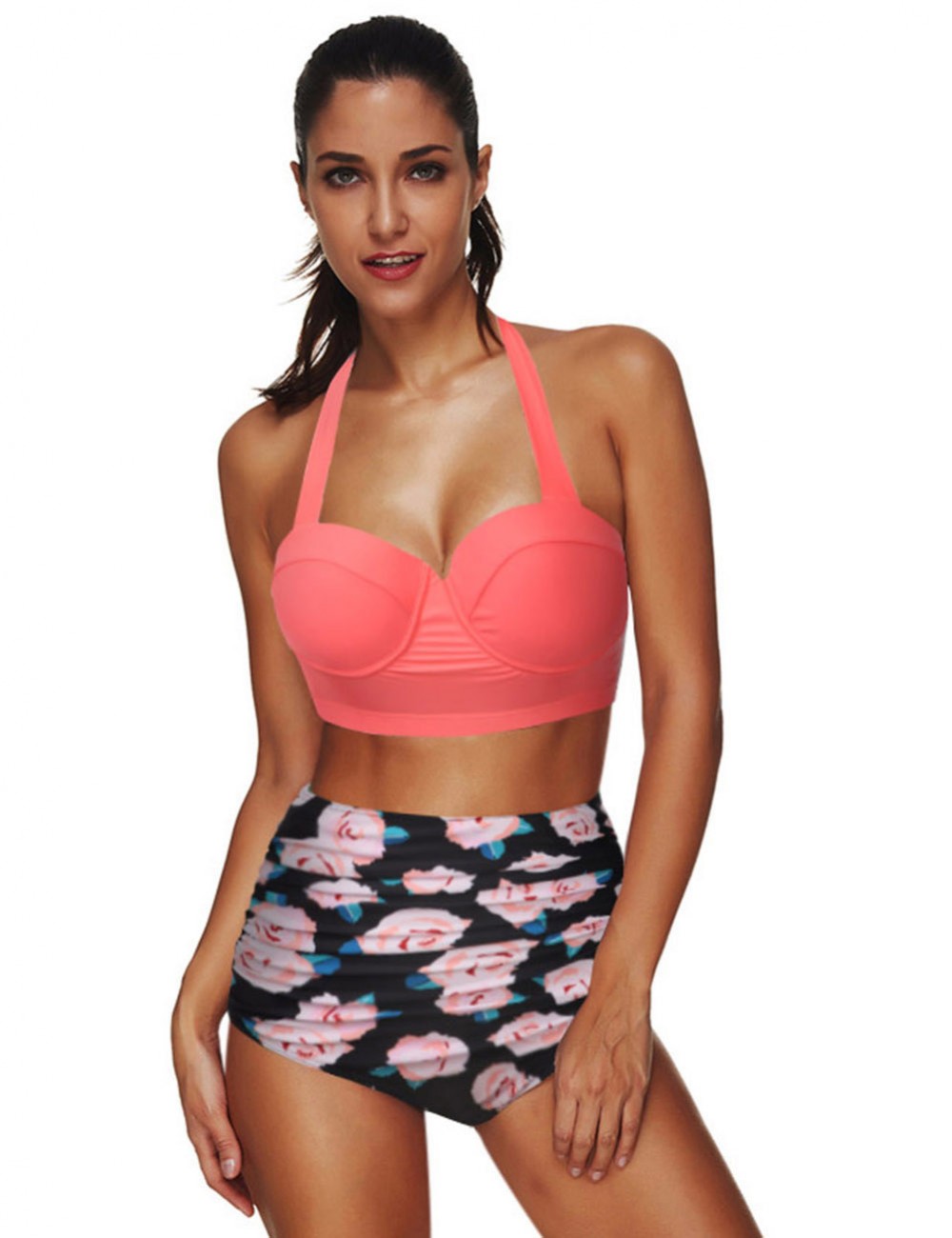 Poolside Orange Halter Backless Big Size Two Pieces Swimsuit Womens Swimwear