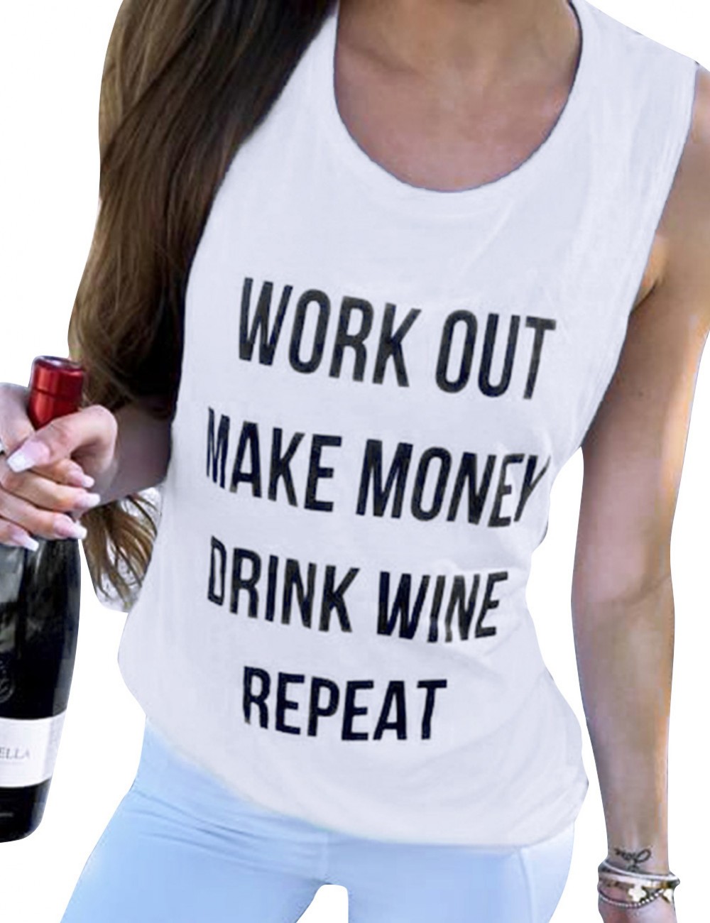 Relaxed White Print Non-Sleeve U Neck Tank Top Big Size Women's Essentials