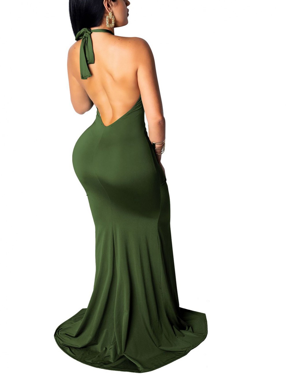 Irregular Hem Army Green Halter Evening Dress Split Superior Quality
