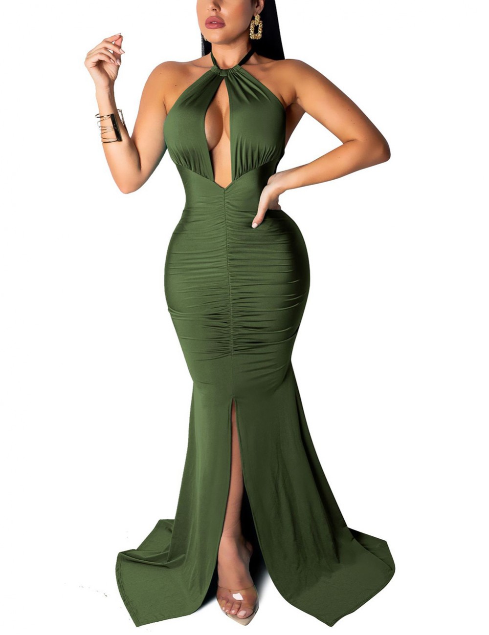 Irregular Hem Army Green Halter Evening Dress Split Superior Quality