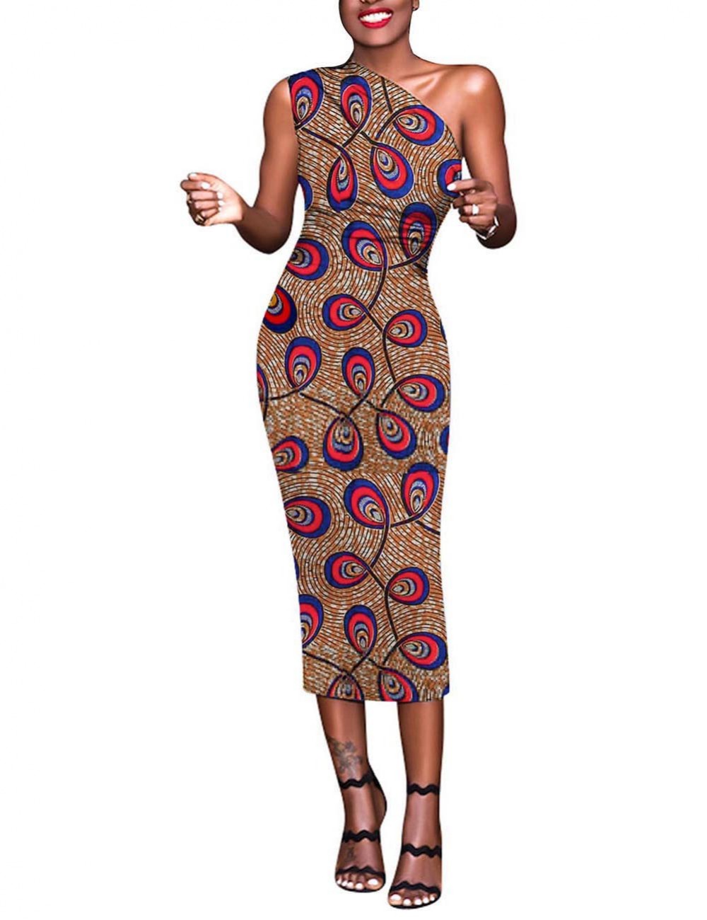 Formal Slant Shoulder Brushed Print Bodycon Dress Preventing Sweat