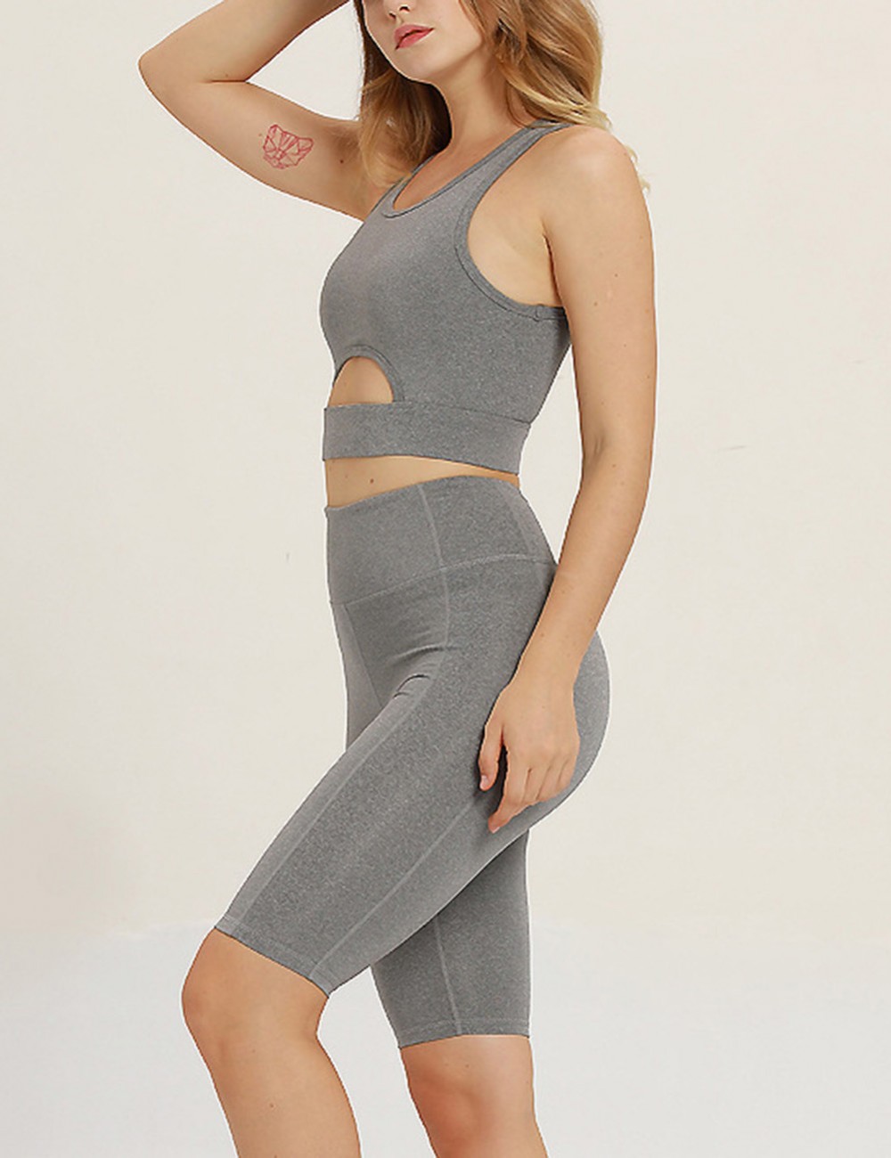 Smooth Grey Tank Top Scoop Cut Out Tight Shorts Yoga Suit Feminine