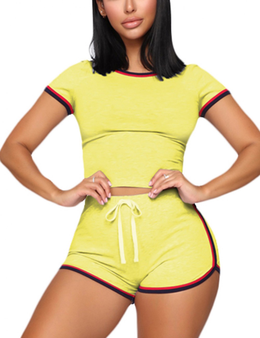 Holiday Yellow Two Piece Short Sleeves Round Neck Shorts Comfort