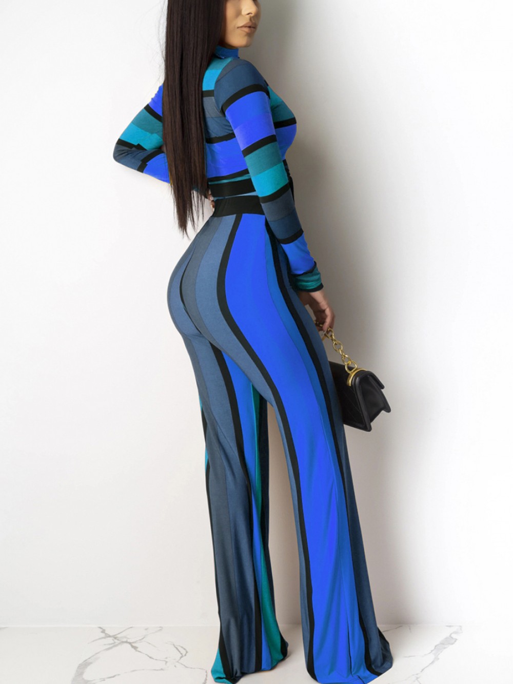 Nice Blue Wide Leg 2 Pcs Stripe Print Bow Knot Feminine Charm