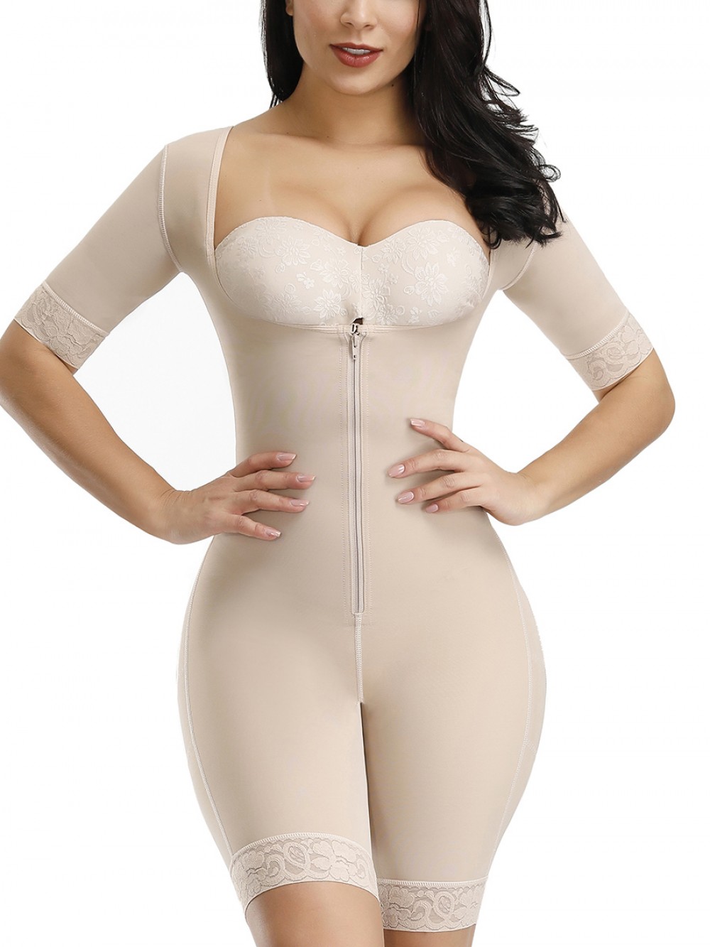 Post Surgery Skin Color Lace Full Body Shaper Zipper Open Crotch Curve Shaping