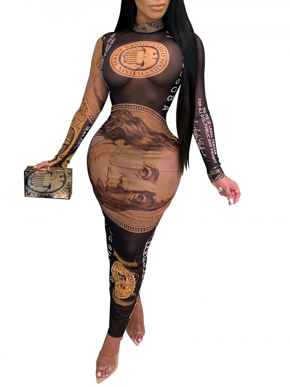 Black Dollar Pattern Bodycon Dress Long Sleeve For Party
