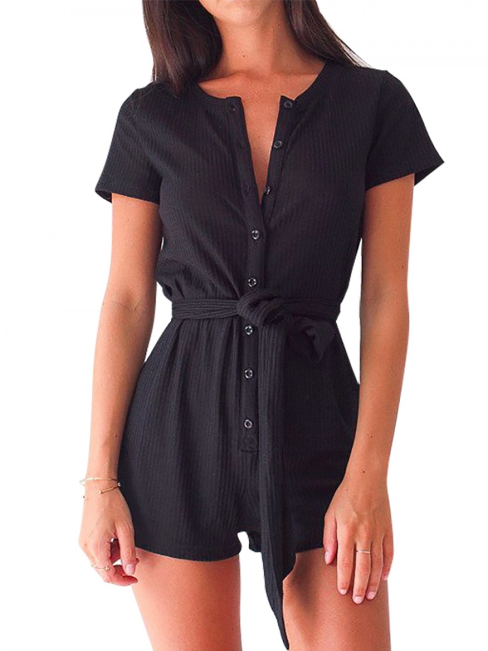 Black Tie Front Short Jumpsuit Short Sleeves