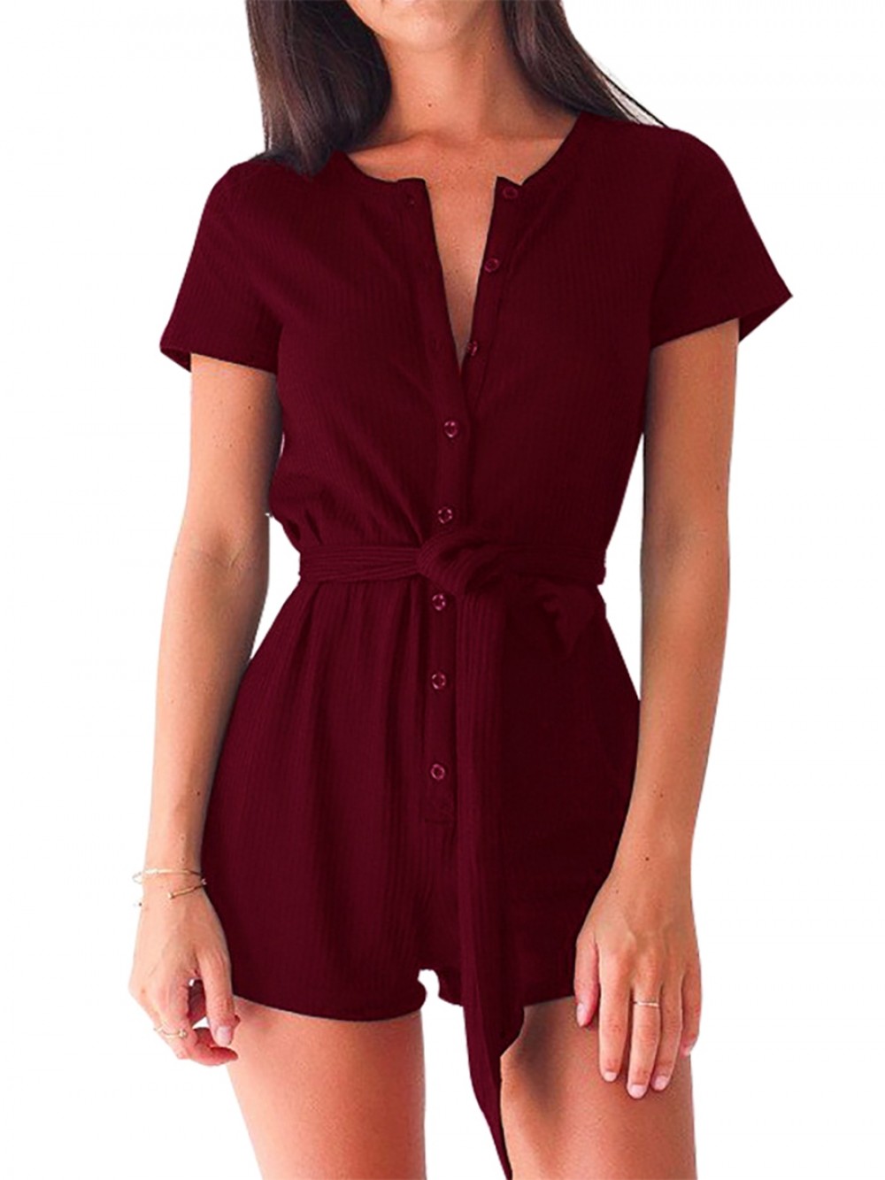 Red Romper Button Solid Color Round Neck