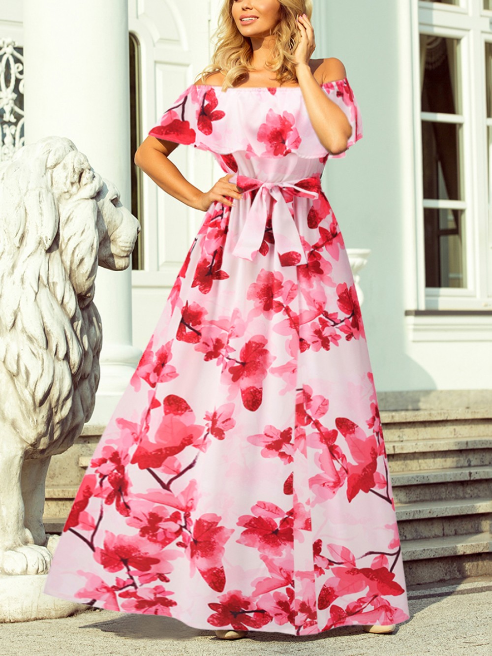 Versatile Fit Red High Waist Floor-Length Dress Slit Elegance