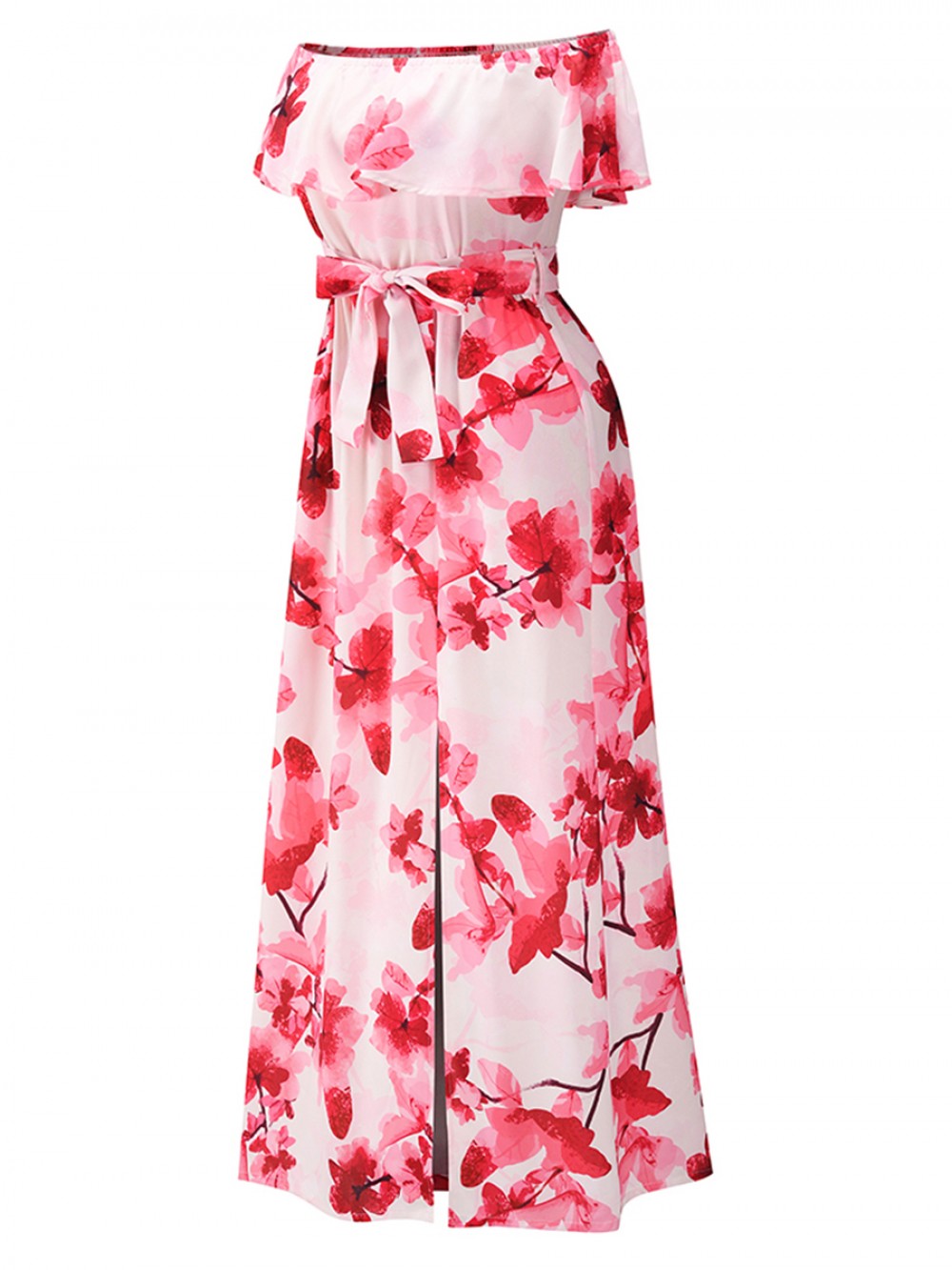 Versatile Fit Red High Waist Floor-Length Dress Slit Elegance